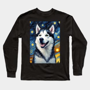 Siberian Husky Painting Dog Breed in a Van Gogh Starry Night Art Style Long Sleeve T-Shirt